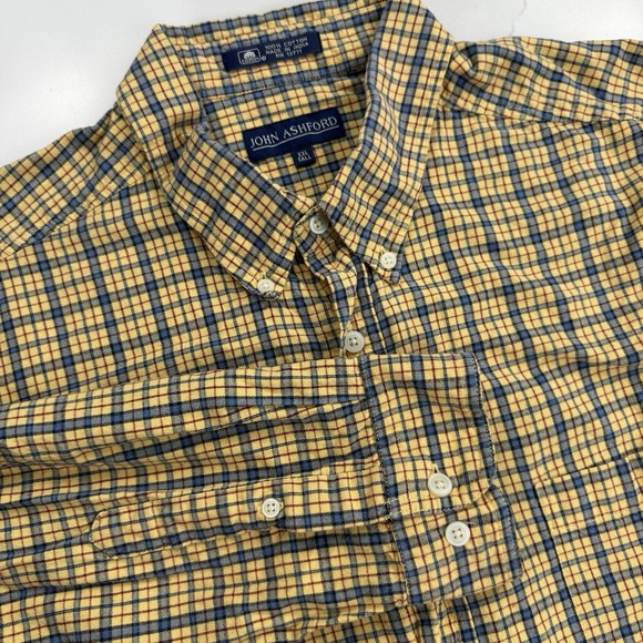 John Ashford Button Down Shirt Mens XXL Tall Yellow Blue Plaid Brushed Cotton - Picture 1 of 8